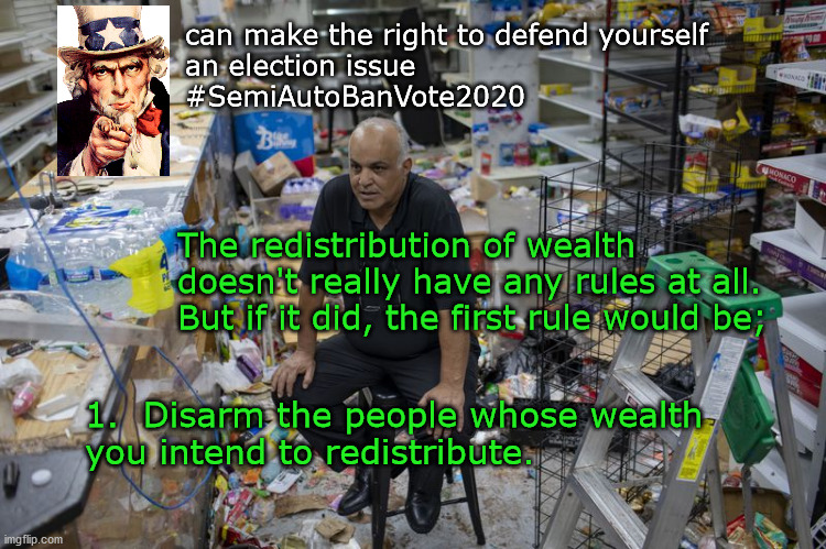 the right to self defense | can make the right to defend yourself 
an election issue 
#SemiAutoBanVote2020; The redistribution of wealth 
doesn't really have any rules at all. 
But if it did, the first rule would be;; 1.  Disarm the people whose wealth 
you intend to redistribute. | image tagged in gun control | made w/ Imgflip meme maker