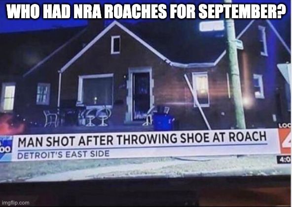Gun-toting roaches | WHO HAD NRA ROACHES FOR SEPTEMBER? | image tagged in who had x for y | made w/ Imgflip meme maker