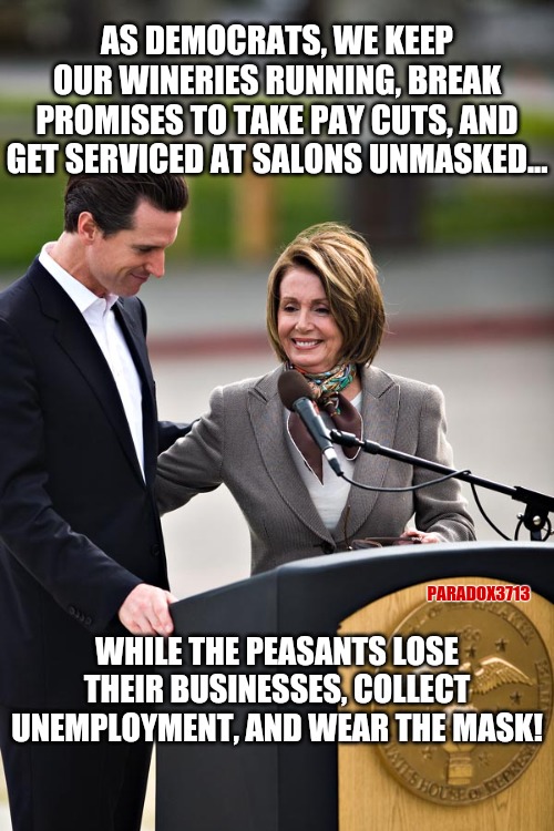 Just how much Elitist privilege do California Democrats need? | AS DEMOCRATS, WE KEEP OUR WINERIES RUNNING, BREAK PROMISES TO TAKE PAY CUTS, AND GET SERVICED AT SALONS UNMASKED... PARADOX3713; WHILE THE PEASANTS LOSE THEIR BUSINESSES, COLLECT UNEMPLOYMENT, AND WEAR THE MASK! | image tagged in memes,politics,nancy pelosi,joe biden,election 2020,democrats | made w/ Imgflip meme maker