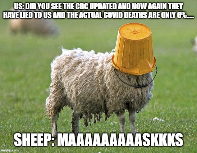 Masks | US: DID YOU SEE THE CDC UPDATED AND NOW AGAIN THEY HAVE LIED TO US AND THE ACTUAL COVID DEATHS ARE ONLY 6%..... SHEEP: MAAAAAAAAASKKKS | image tagged in stupid sheep,face mask,masks | made w/ Imgflip meme maker
