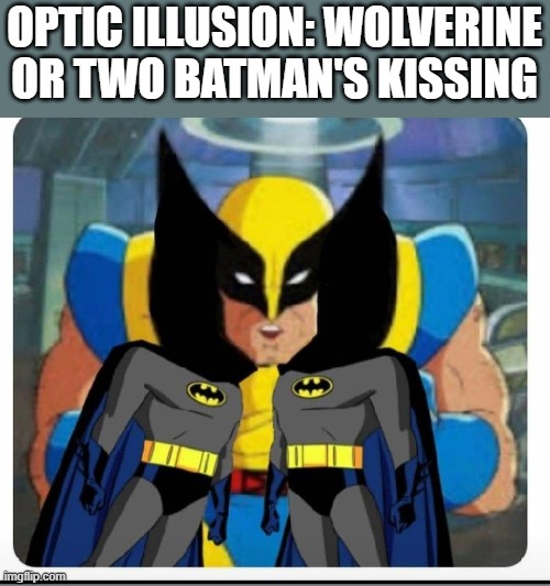 optic illusion | OPTIC ILLUSION: WOLVERINE OR TWO BATMAN'S KISSING | image tagged in wolverine,batman | made w/ Imgflip meme maker