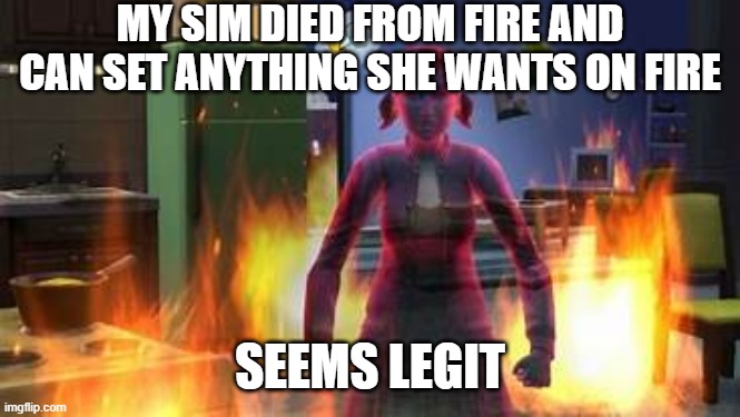 sims logic | MY SIM DIED FROM FIRE AND CAN SET ANYTHING SHE WANTS ON FIRE; SEEMS LEGIT | image tagged in funny | made w/ Imgflip meme maker