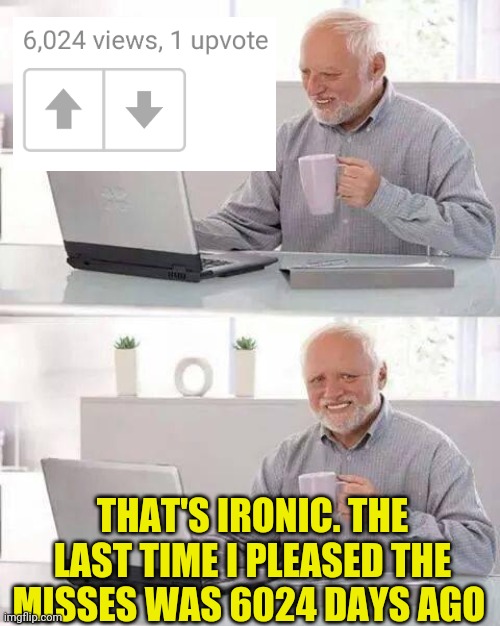 16.5 years | THAT'S IRONIC. THE LAST TIME I PLEASED THE MISSES WAS 6024 DAYS AGO | image tagged in memes,hide the pain harold | made w/ Imgflip meme maker