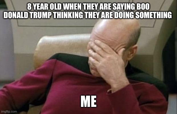 Captain Picard Facepalm | 8 YEAR OLD WHEN THEY ARE SAYING BOO DONALD TRUMP THINKING THEY ARE DOING SOMETHING; ME | image tagged in memes,captain picard facepalm | made w/ Imgflip meme maker