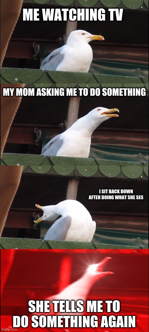 Inhaling Seagull | ME WATCHING TV; MY MOM ASKING ME TO DO SOMETHING; I SIT BACK DOWN AFTER DOING WHAT SHE SES; SHE TELLS ME TO DO SOMETHING AGAIN | image tagged in memes,inhaling seagull | made w/ Imgflip meme maker
