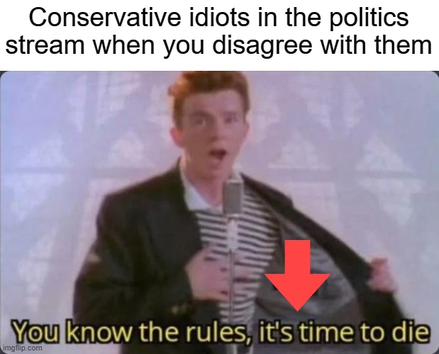 die die die | Conservative idiots in the politics stream when you disagree with them | image tagged in you know the rules it's time to die,rick roll,conservatives,funny,memes | made w/ Imgflip meme maker