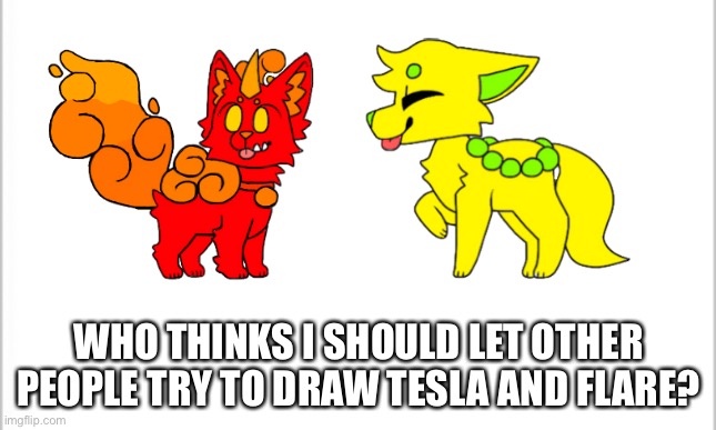 white background | WHO THINKS I SHOULD LET OTHER PEOPLE TRY TO DRAW TESLA AND FLARE? | image tagged in white background | made w/ Imgflip meme maker