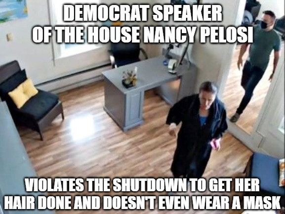 Nancy Pelosi LIES | DEMOCRAT SPEAKER
OF THE HOUSE NANCY PELOSI; VIOLATES THE SHUTDOWN TO GET HER HAIR DONE AND DOESN'T EVEN WEAR A MASK | image tagged in pelosi,scum,memes,funny,2020,hypocrite | made w/ Imgflip meme maker