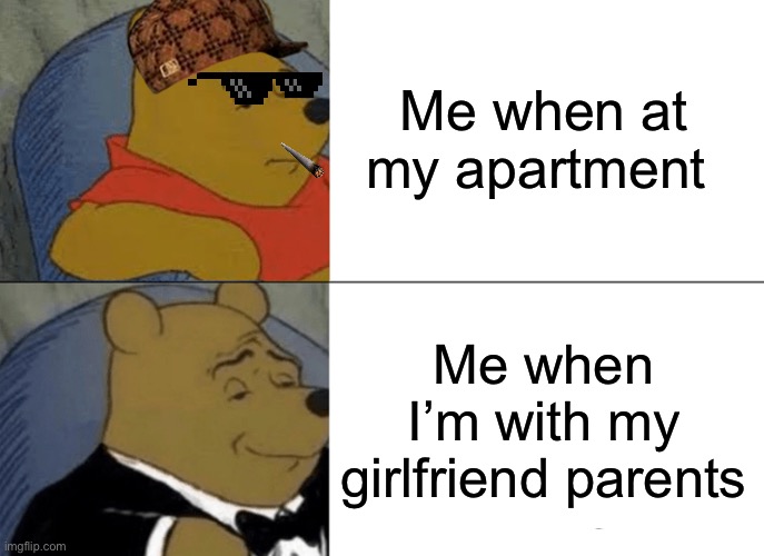 The change | Me when at my apartment; Me when I’m with my girlfriend parents | image tagged in memes,tuxedo winnie the pooh | made w/ Imgflip meme maker