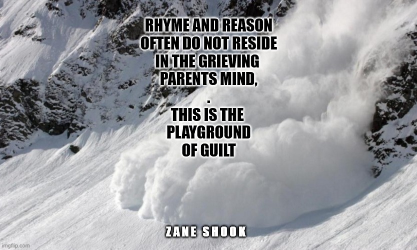 Avalanche of Guilt | RHYME AND REASON
OFTEN DO NOT RESIDE
IN THE GRIEVING 
PARENTS MIND,
.
THIS IS THE 
PLAYGROUND
OF GUILT; Z A N E   S H O O K | image tagged in grief,loss,love | made w/ Imgflip meme maker