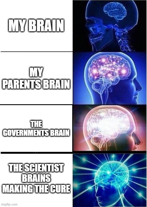 My Brain And Yours In LockDown | MY BRAIN; MY PARENTS BRAIN; THE GOVERNMENTS BRAIN; THE SCIENTIST BRAINS MAKING THE CURE | image tagged in memes,expanding brain | made w/ Imgflip meme maker