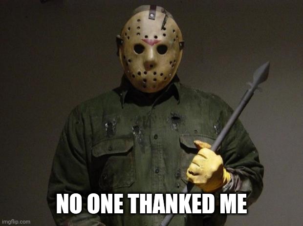 Jason Voorhees | NO ONE THANKED ME | image tagged in jason voorhees | made w/ Imgflip meme maker