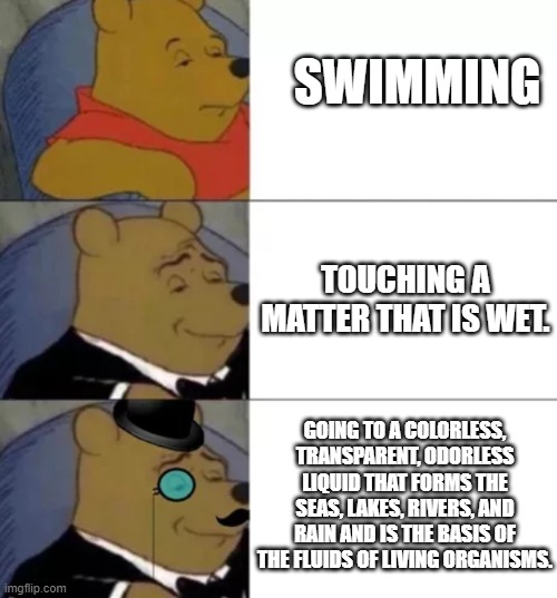 Just created hi. | SWIMMING; TOUCHING A MATTER THAT IS WET. GOING TO A COLORLESS, TRANSPARENT, ODORLESS LIQUID THAT FORMS THE SEAS, LAKES, RIVERS, AND RAIN AND IS THE BASIS OF THE FLUIDS OF LIVING ORGANISMS. | image tagged in whinny the poo | made w/ Imgflip meme maker