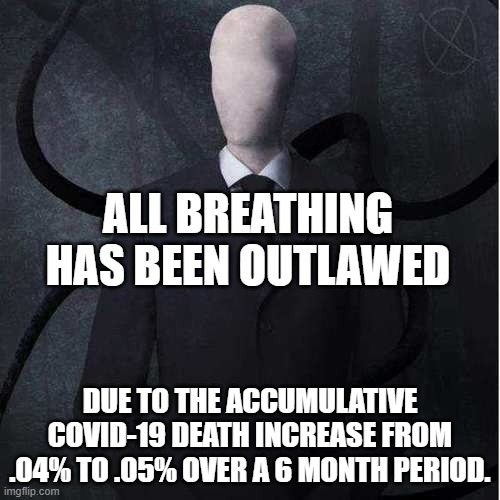 No Breathing | ALL BREATHING HAS BEEN OUTLAWED; DUE TO THE ACCUMULATIVE COVID-19 DEATH INCREASE FROM .04% TO .05% OVER A 6 MONTH PERIOD. | image tagged in memes,slenderman,covid,breathing | made w/ Imgflip meme maker