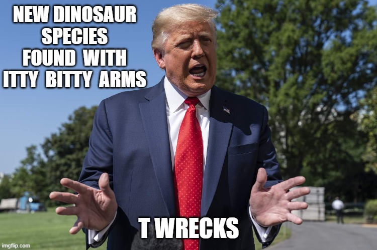 NEW DINOSAUR SPECIES | NEW DINOSAUR SPECIES FOUND  WITH ITTY  BITTY  ARMS; T WRECKS | image tagged in the donald,trump | made w/ Imgflip meme maker