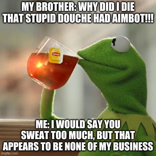 But That's None Of My Business Meme | MY BROTHER: WHY DID I DIE THAT STUPID DOUCHE HAD AIMBOT!!! ME: I WOULD SAY YOU SWEAT TOO MUCH, BUT THAT APPEARS TO BE NONE OF MY BUSINESS | image tagged in memes,but that's none of my business,kermit the frog | made w/ Imgflip meme maker
