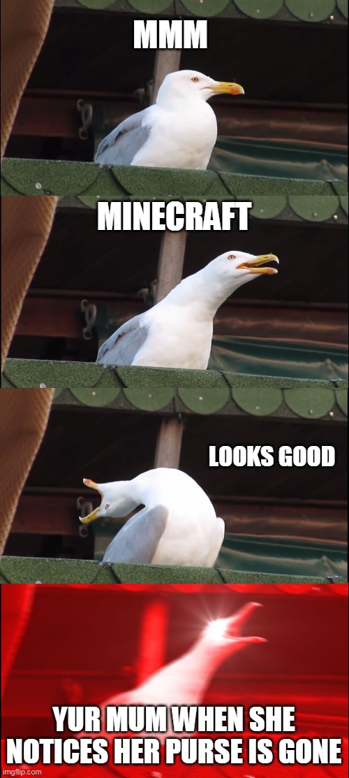 Inhaling Seagull Meme | MMM; MINECRAFT; LOOKS GOOD; YUR MUM WHEN SHE NOTICES HER PURSE IS GONE | image tagged in memes,inhaling seagull | made w/ Imgflip meme maker