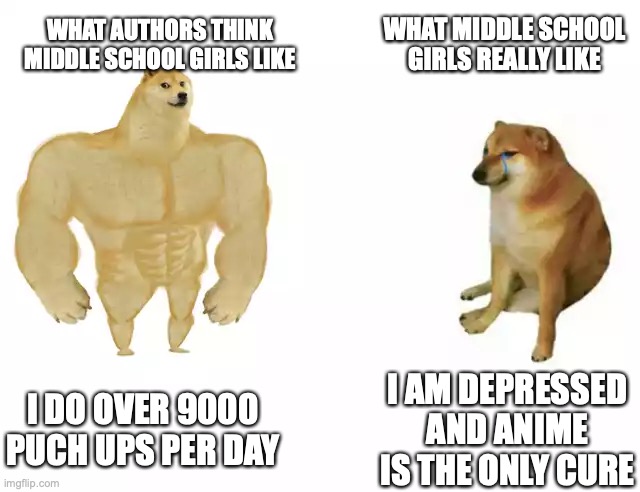 Why author why | WHAT MIDDLE SCHOOL GIRLS REALLY LIKE; WHAT AUTHORS THINK MIDDLE SCHOOL GIRLS LIKE; I DO OVER 9000 PUCH UPS PER DAY; I AM DEPRESSED AND ANIME IS THE ONLY CURE | image tagged in buff doge vs cheems | made w/ Imgflip meme maker