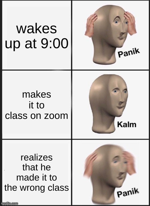 My meme | wakes up at 9:00; makes it to class on zoom; realizes that he made it to the wrong class | image tagged in memes,panik kalm panik | made w/ Imgflip meme maker