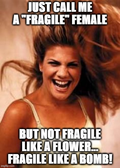 Fragile? Sure | JUST CALL ME A "FRAGILE" FEMALE; BUT NOT FRAGILE LIKE A FLOWER... FRAGILE LIKE A BOMB! | image tagged in strong women | made w/ Imgflip meme maker