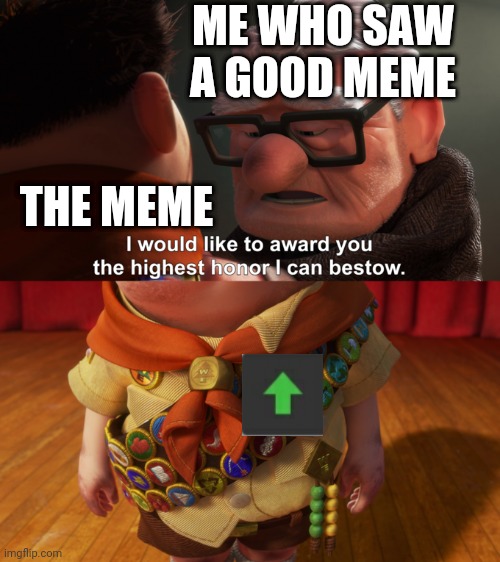 Upvoting | ME WHO SAW A GOOD MEME; THE MEME | image tagged in highest honor,wholesome | made w/ Imgflip meme maker