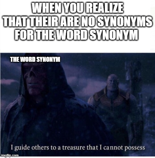 I guide others to a treasure I cannot possess | WHEN YOU REALIZE THAT THEIR ARE NO SYNONYMS FOR THE WORD SYNONYM; THE WORD SYNONYM | image tagged in i guide others to a treasure i cannot possess | made w/ Imgflip meme maker