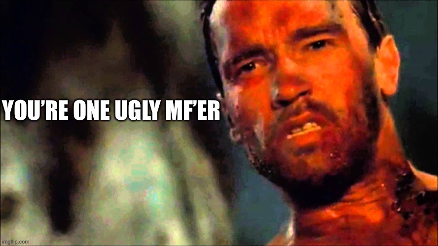 Arnold Predator | YOU’RE ONE UGLY MF’ER | image tagged in arnold predator | made w/ Imgflip meme maker