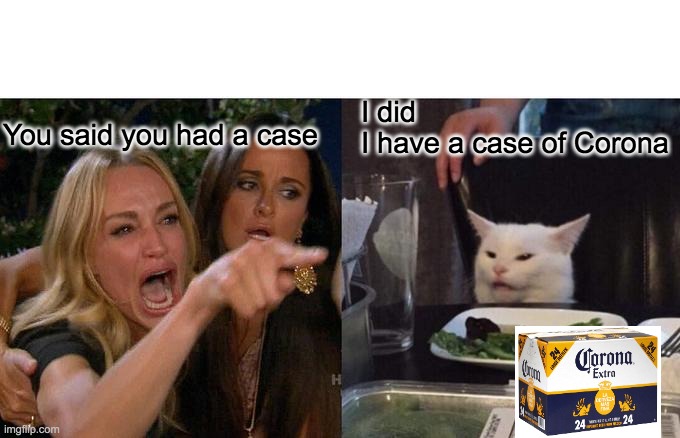 Woman Yelling At Cat | I did
I have a case of Corona; You said you had a case | image tagged in memes,woman yelling at cat | made w/ Imgflip meme maker