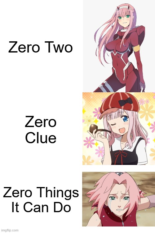 The Three Zeros to Know | Zero Two; Zero Clue; Zero Things It Can Do | image tagged in zero two,chika fujiwara,sakura,anime,memes | made w/ Imgflip meme maker