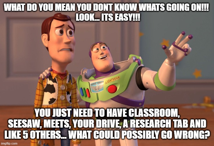 X, X Everywhere Meme | WHAT DO YOU MEAN YOU DONT KNOW WHATS GOING ON!!! 
 LOOK... ITS EASY!!! YOU JUST NEED TO HAVE CLASSROOM, SEESAW, MEETS, YOUR DRIVE, A RESEARCH TAB AND LIKE 5 OTHERS... WHAT COULD POSSIBLY GO WRONG? | image tagged in memes,x x everywhere | made w/ Imgflip meme maker