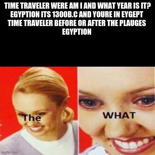 the what | TIME TRAVELER WERE AM I AND WHAT YEAR IS IT?
EGYPTION ITS 1300B.C AND YOURE IN EYGEPT 
TIME TRAVELER BEFORE OR AFTER THE PLAUGES 
EGYPTION | image tagged in the what | made w/ Imgflip meme maker