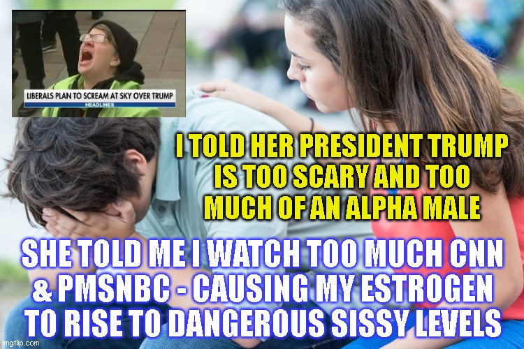 I TOLD HER PRESIDENT TRUMP
IS TOO SCARY AND TOO
MUCH OF AN ALPHA MALE; SHE TOLD ME I WATCH TOO MUCH CNN
& PMSNBC - CAUSING MY ESTROGEN
TO RISE TO DANGEROUS SISSY LEVELS | made w/ Imgflip meme maker