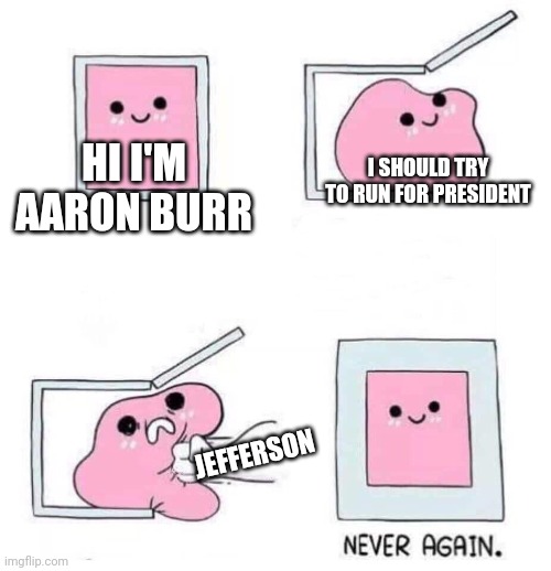 He never gon' be president now | I SHOULD TRY TO RUN FOR PRESIDENT; HI I'M AARON BURR; JEFFERSON | image tagged in never again,hamilton,president,thomas jefferson | made w/ Imgflip meme maker