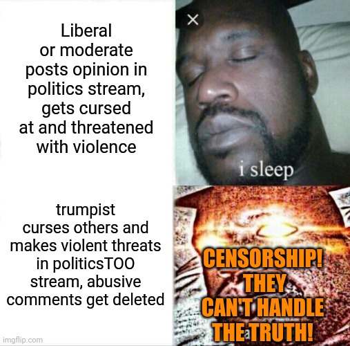 Sleeping Shaq | Liberal or moderate posts opinion in politics stream, gets cursed at and threatened with violence; trumpist curses others and makes violent threats in politicsTOO stream, abusive comments get deleted; CENSORSHIP!  THEY CAN'T HANDLE THE TRUTH! | image tagged in memes,sleeping shaq | made w/ Imgflip meme maker