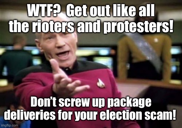 Picard Wtf Meme | WTF?  Get out like all the rioters and protesters! Don’t screw up package deliveries for your election scam! | image tagged in memes,picard wtf | made w/ Imgflip meme maker