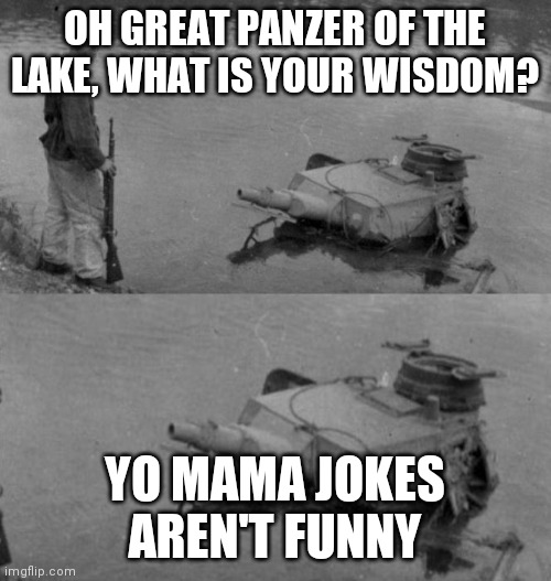 Panzer of the lake | OH GREAT PANZER OF THE LAKE, WHAT IS YOUR WISDOM? YO MAMA JOKES AREN'T FUNNY | image tagged in panzer of the lake | made w/ Imgflip meme maker