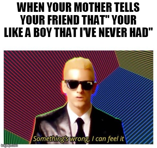 Something's wrong I can Feel It | WHEN YOUR MOTHER TELLS YOUR FRIEND THAT" YOUR LIKE A BOY THAT I'VE NEVER HAD" | image tagged in eminem | made w/ Imgflip meme maker