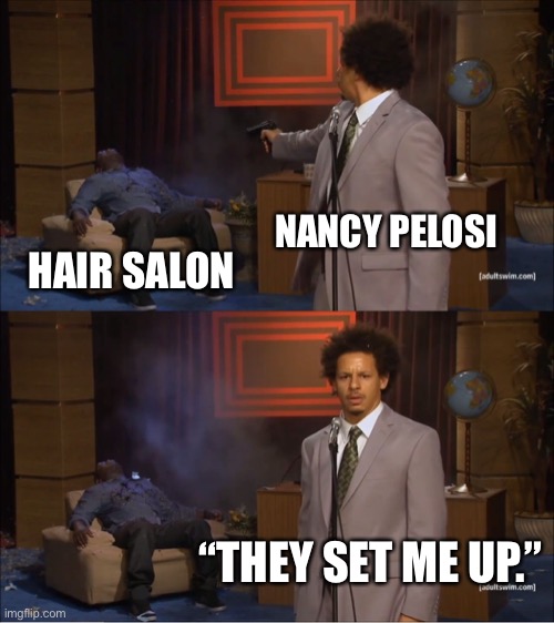 Pelosi hair salon | NANCY PELOSI; HAIR SALON; “THEY SET ME UP.” | image tagged in memes,who killed hannibal | made w/ Imgflip meme maker
