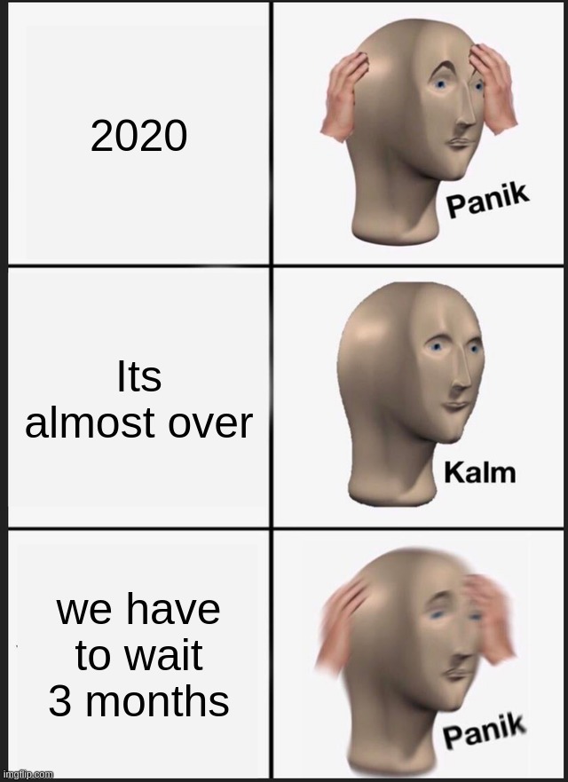 Panik Kalm Panik | 2020; Its almost over; we have to wait 3 months | image tagged in memes,panik kalm panik | made w/ Imgflip meme maker