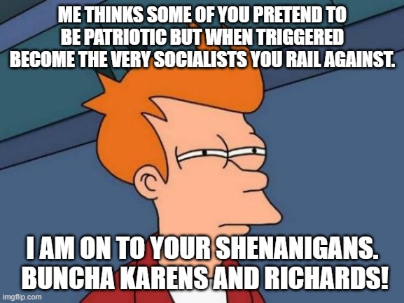 Lotsa fakes out der! | ME THINKS SOME OF YOU PRETEND TO BE PATRIOTIC BUT WHEN TRIGGERED BECOME THE VERY SOCIALISTS YOU RAIL AGAINST. I AM ON TO YOUR SHENANIGANS.  BUNCHA KARENS AND RICHARDS! | image tagged in memes,futurama fry | made w/ Imgflip meme maker