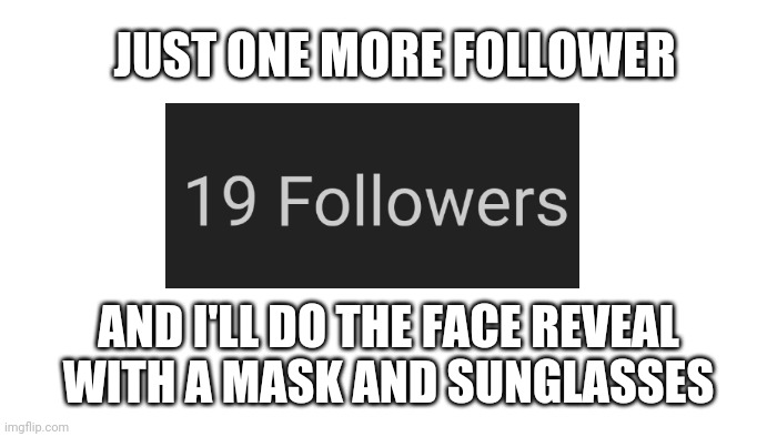 Almost at 20 followers | JUST ONE MORE FOLLOWER; AND I'LL DO THE FACE REVEAL WITH A MASK AND SUNGLASSES | image tagged in transparent | made w/ Imgflip meme maker