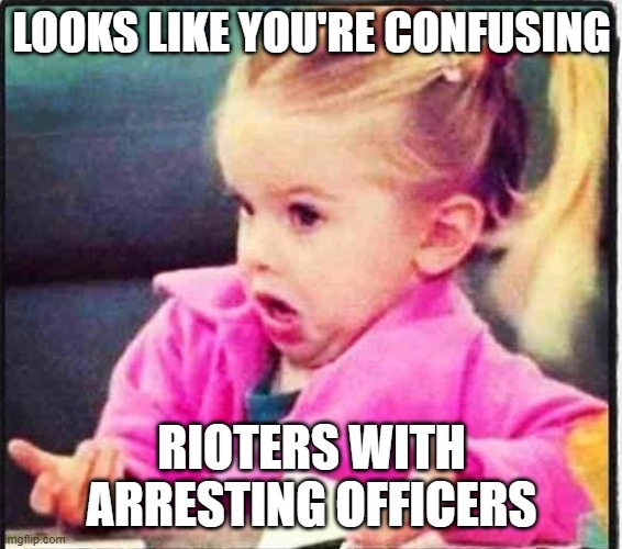 Confused Girl | LOOKS LIKE YOU'RE CONFUSING RIOTERS WITH ARRESTING OFFICERS | image tagged in confused girl | made w/ Imgflip meme maker