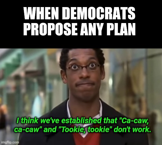 Yeah, you don't work | WHEN DEMOCRATS PROPOSE ANY PLAN; I think we've established that "Ca-caw, ca-caw" and "Tookie, tookie" don't work. | image tagged in caw caw | made w/ Imgflip meme maker