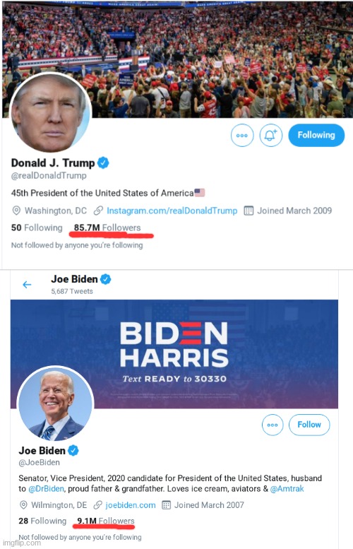 And somehow they say Americans like Biden more | image tagged in memes,twitter,donald trump,joe biden,trump twitter,followers | made w/ Imgflip meme maker