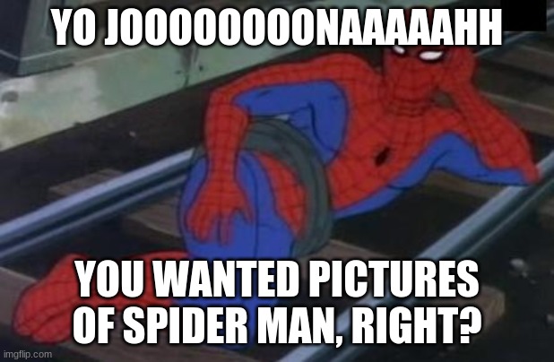 He wanted pics of spiderman..... |  YO JOOOOOOOONAAAAAHH; YOU WANTED PICTURES OF SPIDER MAN, RIGHT? | image tagged in memes,sexy railroad spiderman,spiderman | made w/ Imgflip meme maker