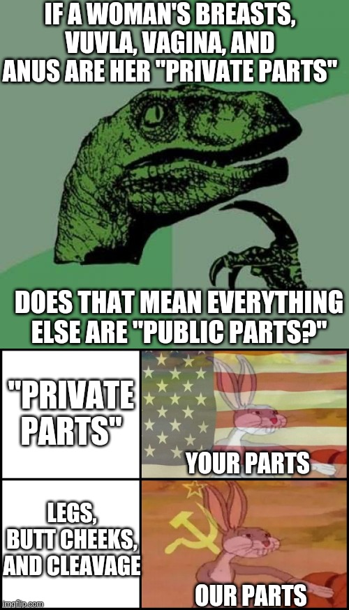 I wasn't staring I was looking at the public parts. | IF A WOMAN'S BREASTS, VUVLA, VAGINA, AND ANUS ARE HER "PRIVATE PARTS"; DOES THAT MEAN EVERYTHING ELSE ARE "PUBLIC PARTS?"; "PRIVATE PARTS"; YOUR PARTS; LEGS, BUTT CHEEKS, AND CLEAVAGE; OUR PARTS | image tagged in memes,philosoraptor,capitalist and communist,private parts | made w/ Imgflip meme maker