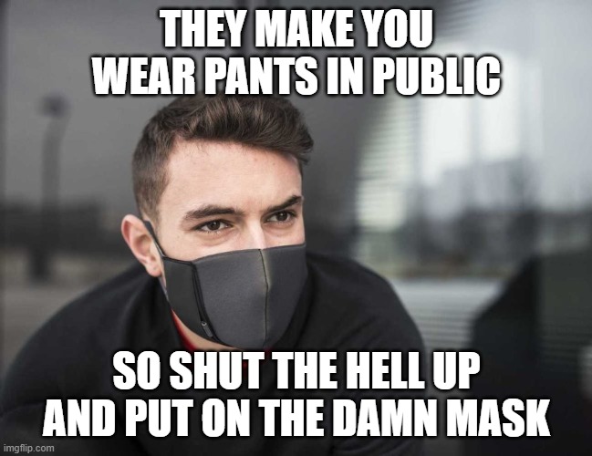 face masks | THEY MAKE YOU WEAR PANTS IN PUBLIC; SO SHUT THE HELL UP AND PUT ON THE DAMN MASK | image tagged in face mask | made w/ Imgflip meme maker