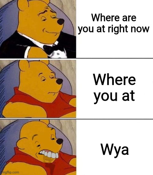 Chat telling where I friend is at in video games be like | Where are you at right now; Where you at; Wya | image tagged in tuxedo on top winnie the pooh 3 panel | made w/ Imgflip meme maker