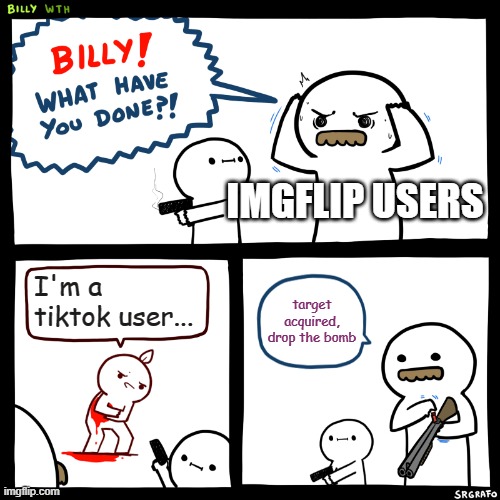 Billy, What Have You Done | IMGFLIP USERS; I'm a tiktok user... target acquired, drop the bomb | image tagged in billy what have you done | made w/ Imgflip meme maker