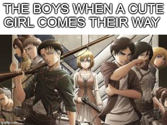 IDK | THE BOYS WHEN A CUTE GIRL COMES THEIR WAY | image tagged in attack on titan | made w/ Imgflip meme maker